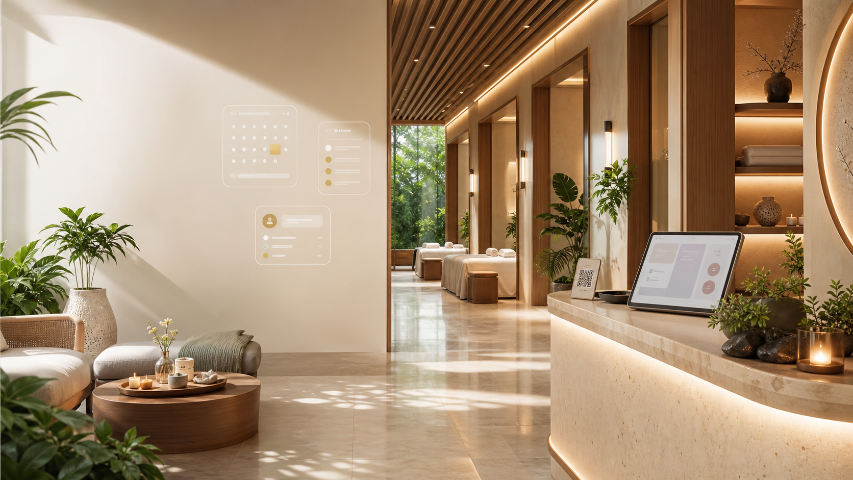 Premium spa interior with subtle digital appointment workflow visuals